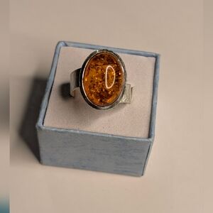 Handcrafted Amber Oval Brushed Silver Ring (8.25)